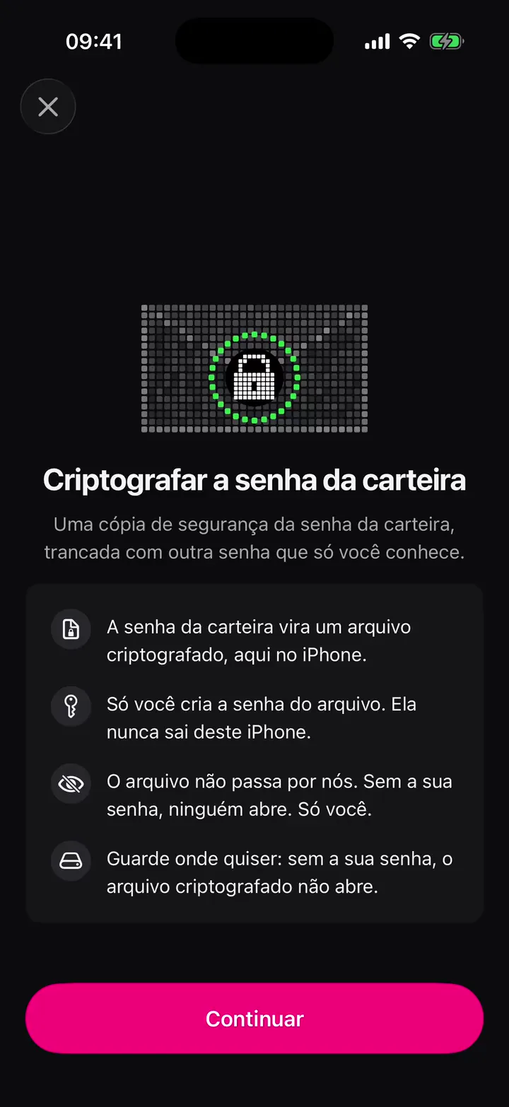 Criptografar a senha da carteira: as palavras viram pixels, entram no envelope e o cadeado tranca