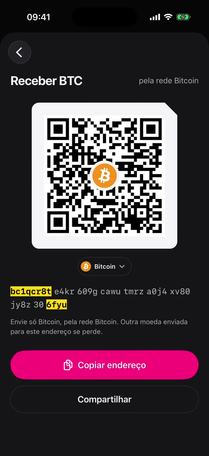 Receber BTC: o QR e o endereço com as pontas em destaque